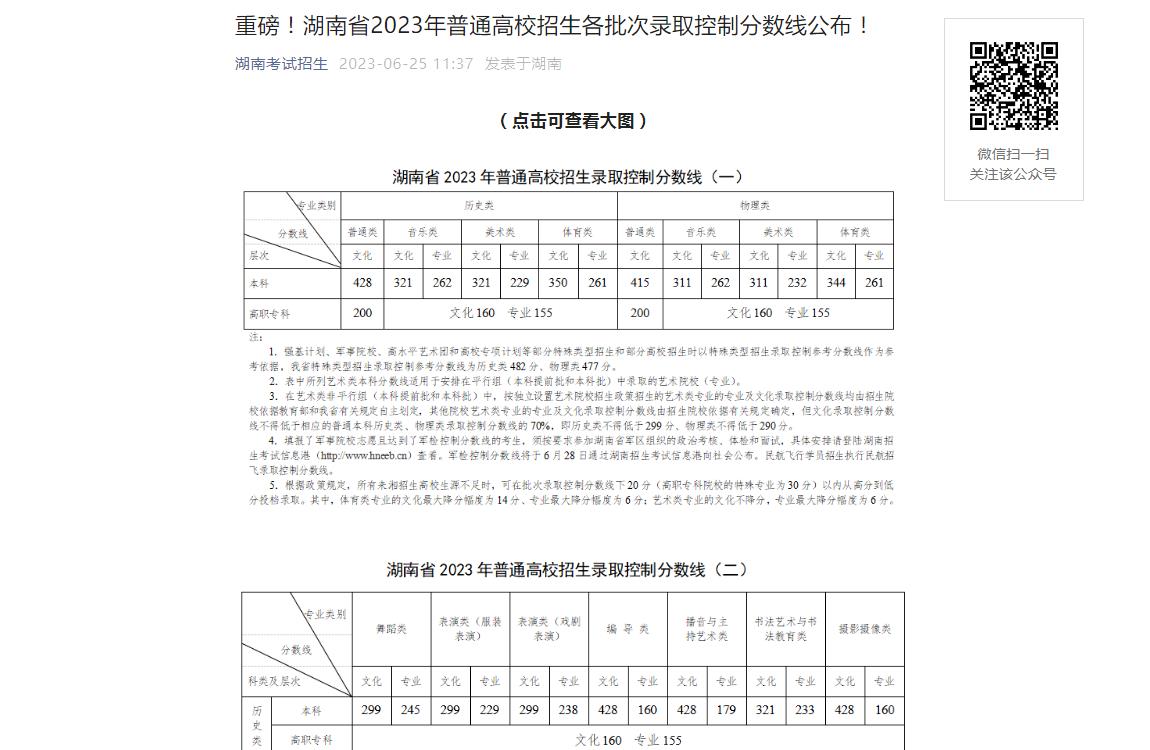 湖南省高考分数线2023（湖南省高考分数线2023年公布时间）